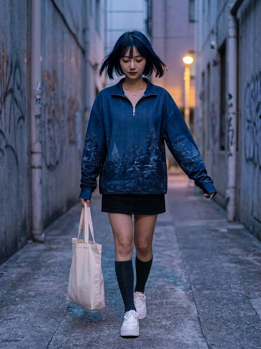 Indigo Night Fuji - Japanese Landscape Quarter-Zip Sweatshirt