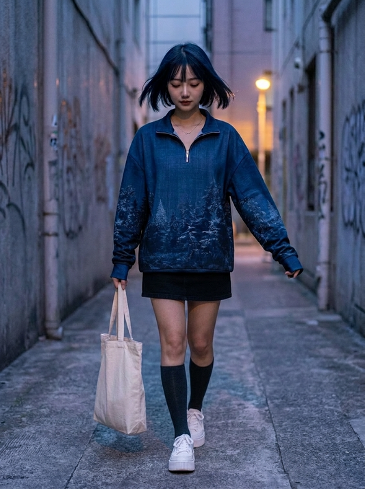 Indigo Night Fuji - Japanese Landscape Quarter-Zip Sweatshirt