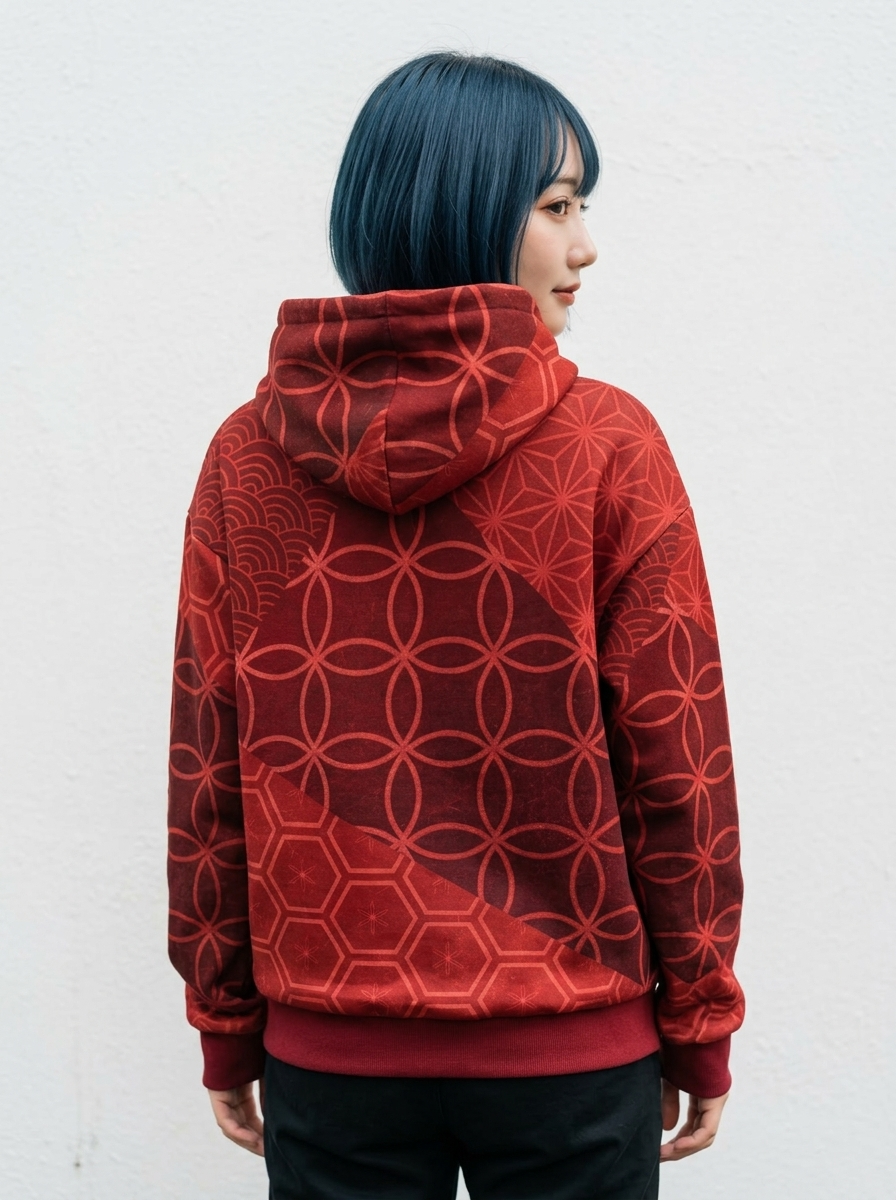 KUMIKO Grid - Japanese Geometric Pattern Hoodie 【Crimson Soul】