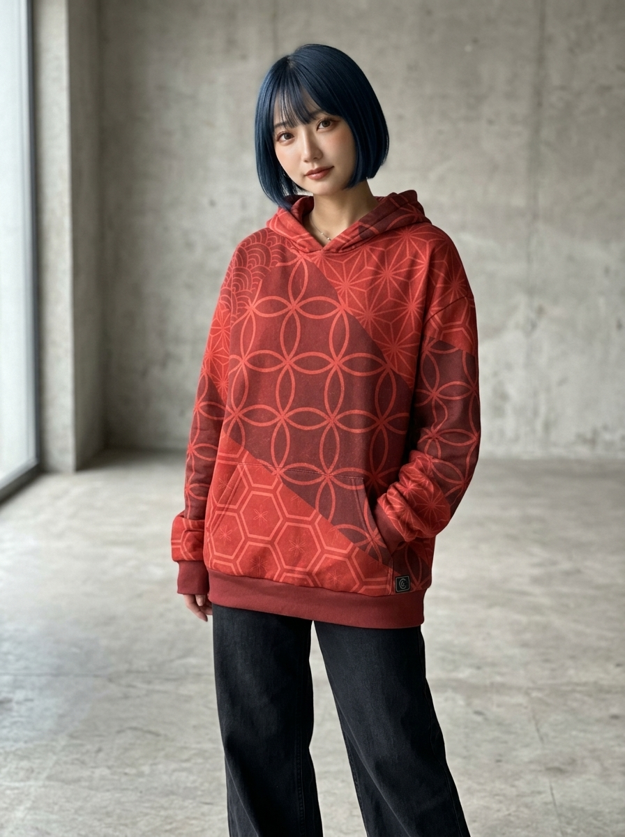 KUMIKO Grid - Japanese Geometric Pattern Hoodie 【Crimson Soul】