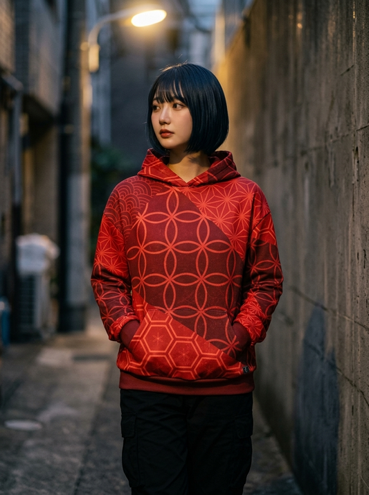 KUMIKO Grid - Japanese Geometric Pattern Hoodie 【Crimson Soul】