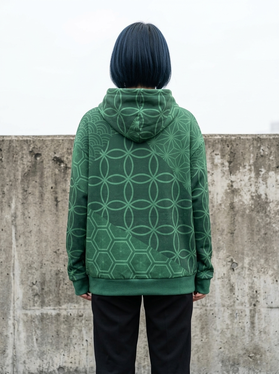 KUMIKO Grid - Japanese Geometric Pattern Hoodie【Evergreen Moss】