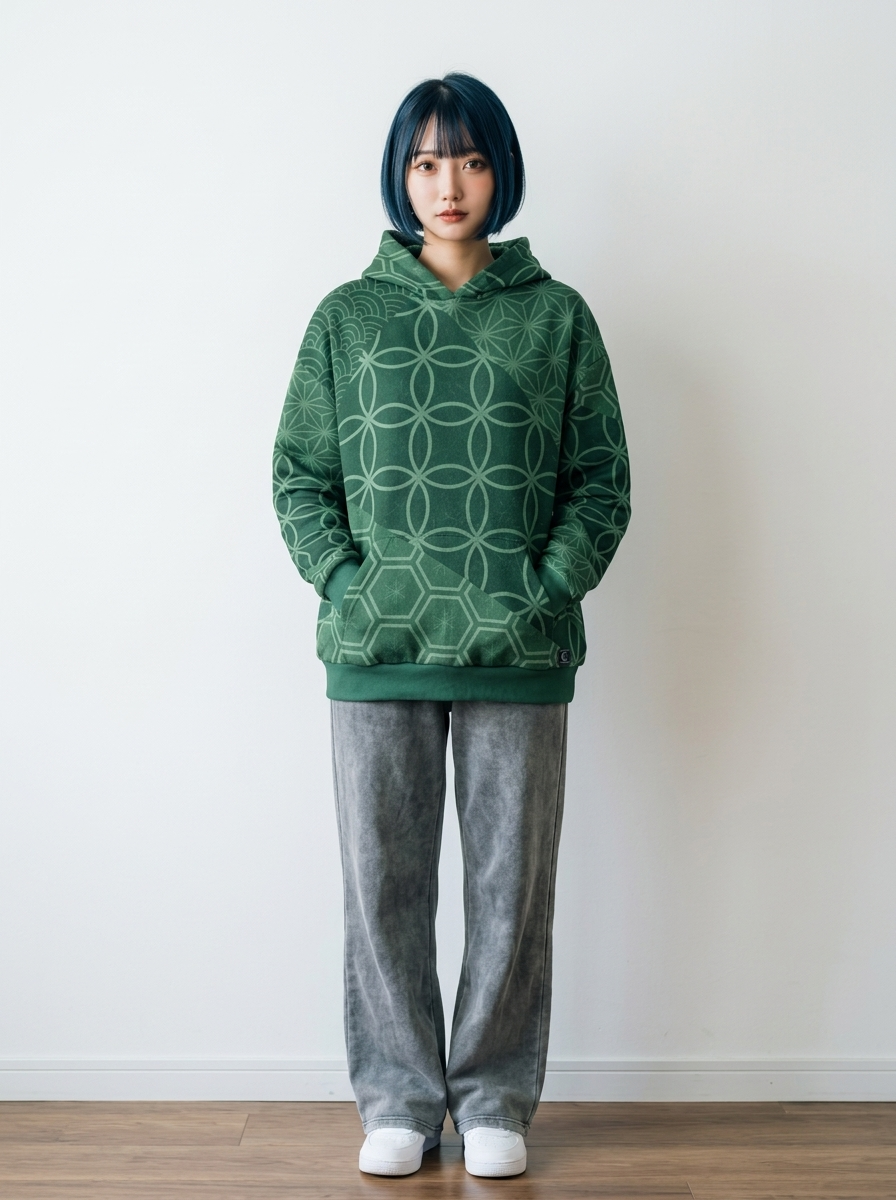 KUMIKO Grid - Japanese Geometric Pattern Hoodie【Evergreen Moss】