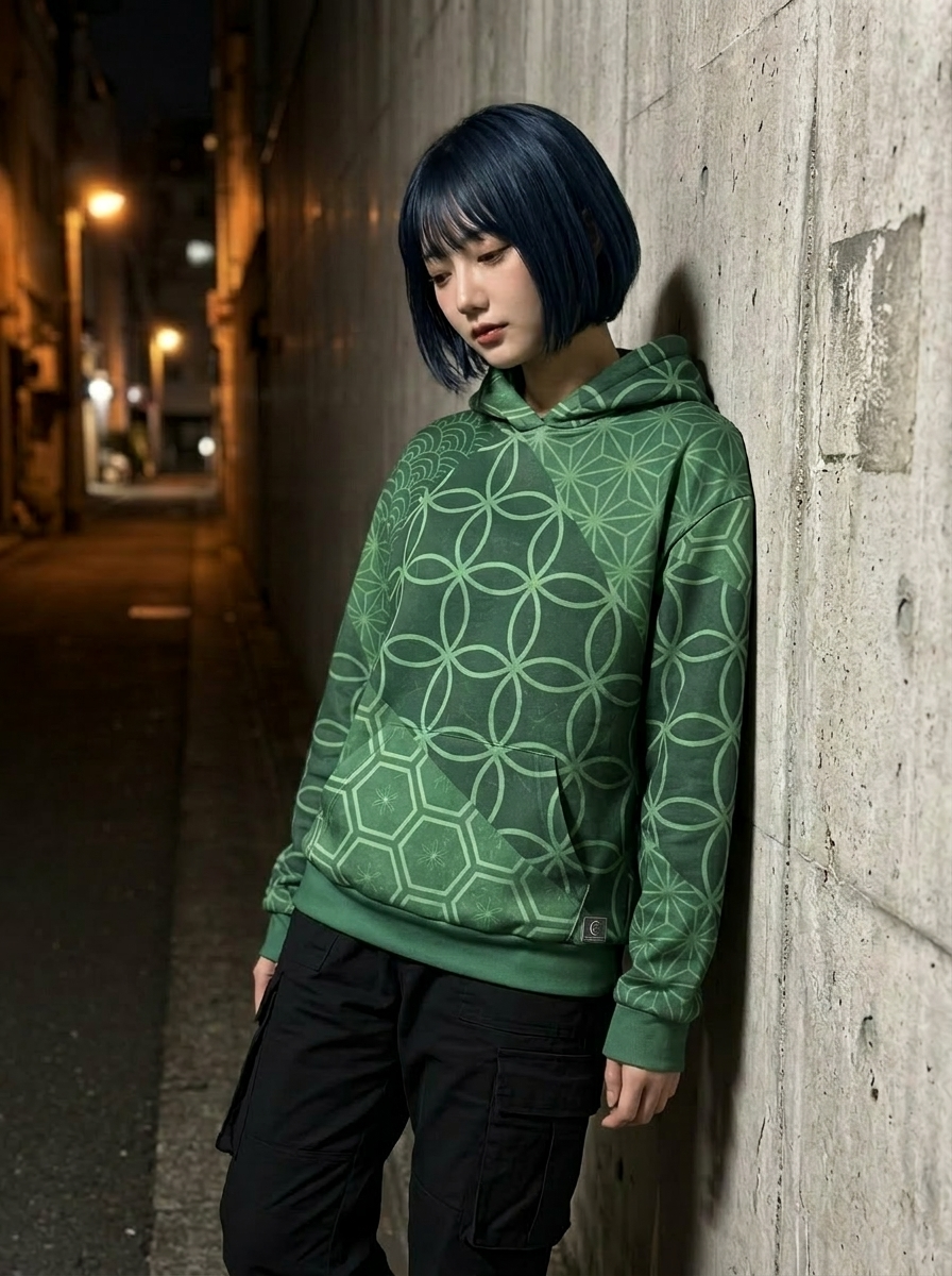 KUMIKO Grid - Japanese Geometric Pattern Hoodie【Evergreen Moss】