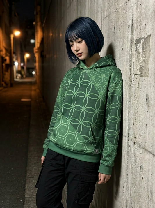 KUMIKO Grid - Japanese Geometric Pattern Hoodie【Evergreen Moss】