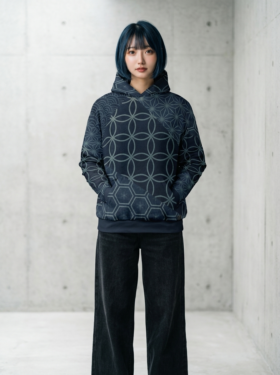 KUMIKO Grid - Japanese Geometric Pattern Hoodie 【Midnight Indigo】