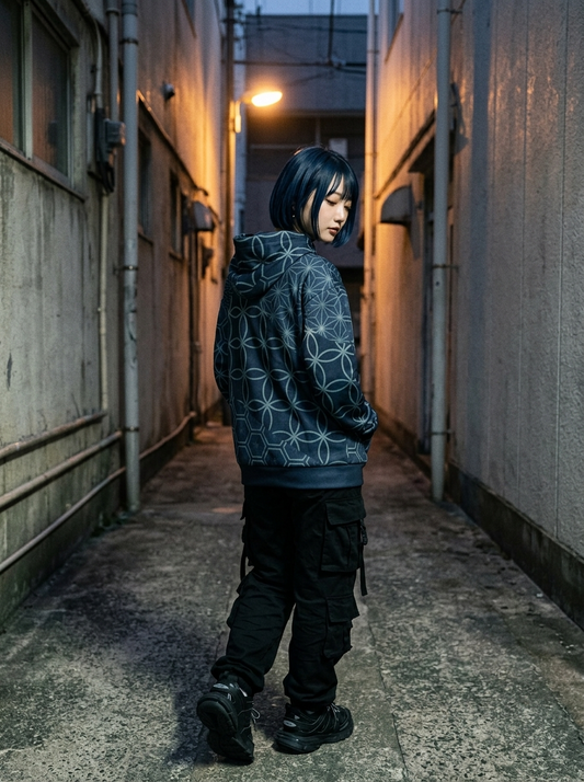 KUMIKO Grid - Japanese Geometric Pattern Hoodie 【Midnight Indigo】