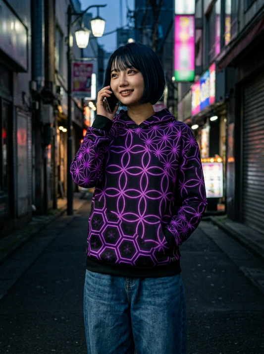 KUMIKO Grid - Japanese Geometric Pattern Hoodie 【Neon Violet】
