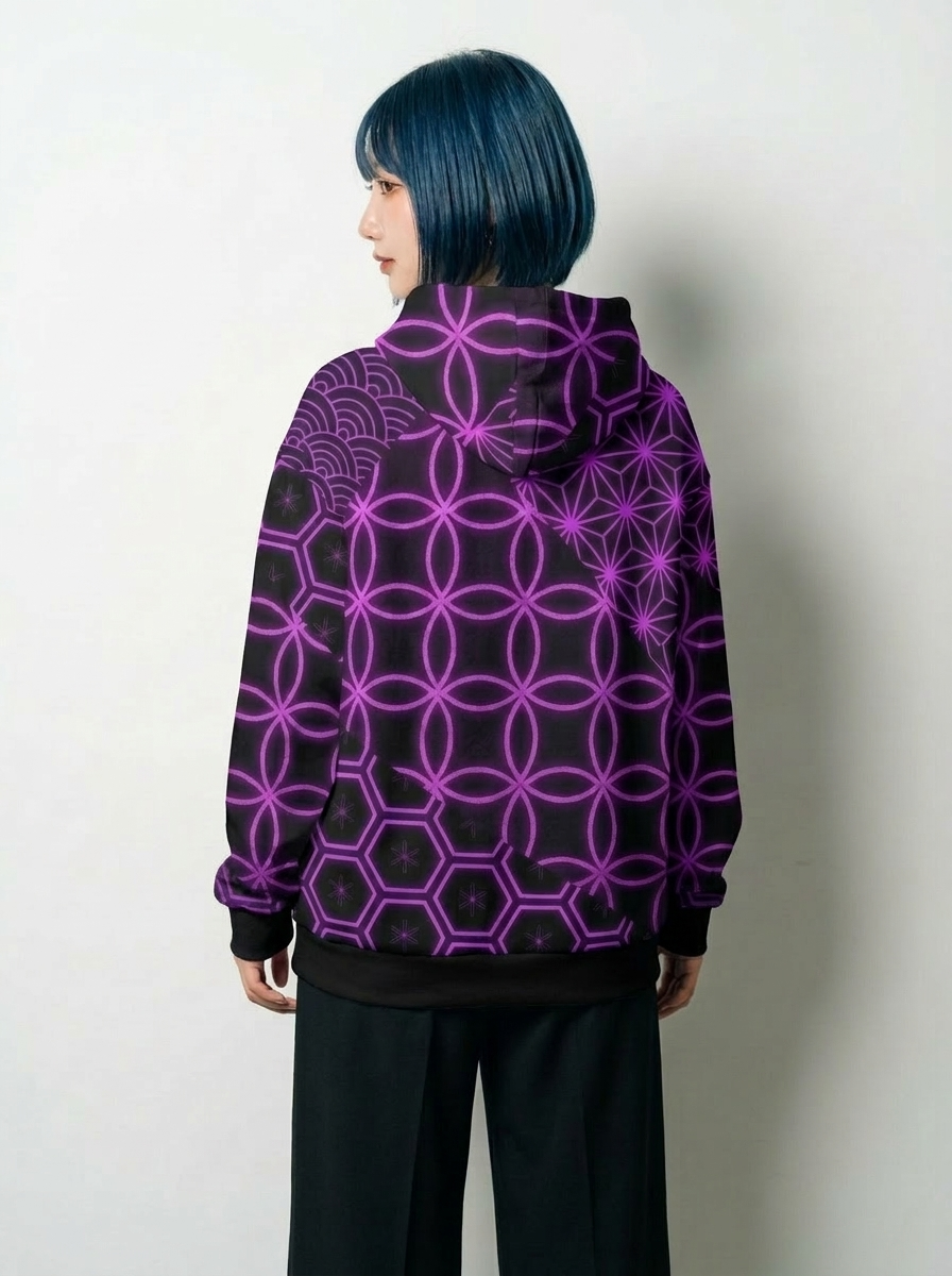 KUMIKO Grid - Japanese Geometric Pattern Hoodie 【Neon Violet】