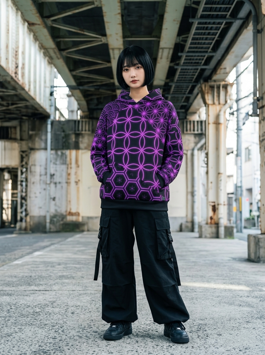 KUMIKO Grid - Japanese Geometric Pattern Hoodie 【Neon Violet】