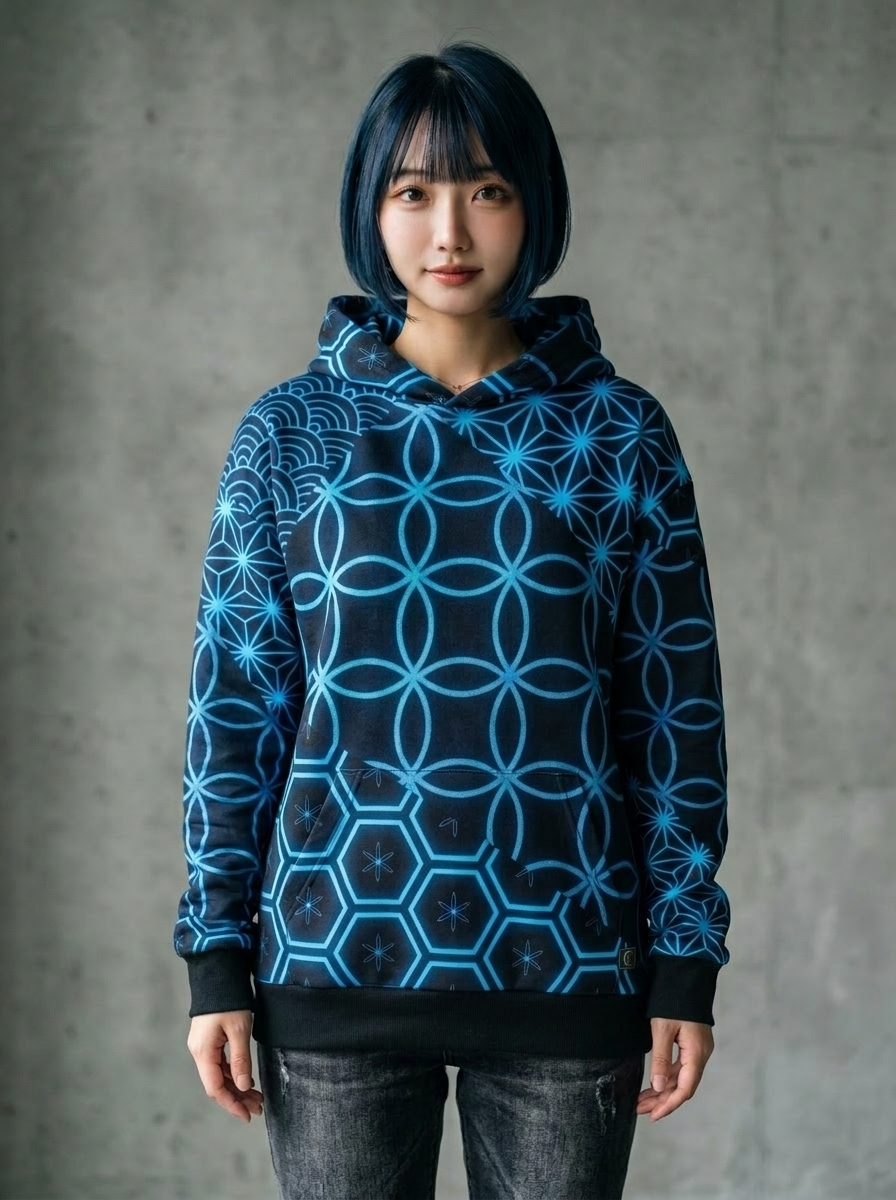 KUMIKO Grid - Japanese Geometric Pattern Hoodie 【Neon Cyan】
