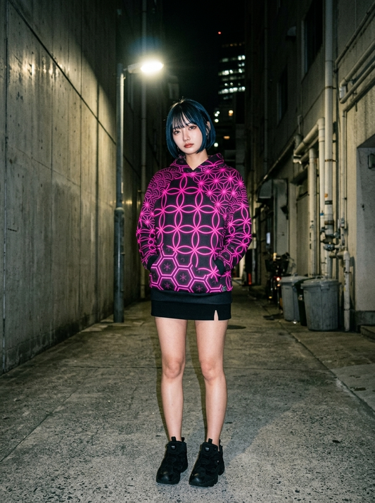 KUMIKO Grid - Japanese Geometric Pattern Hoodie 【Neon Sakura】