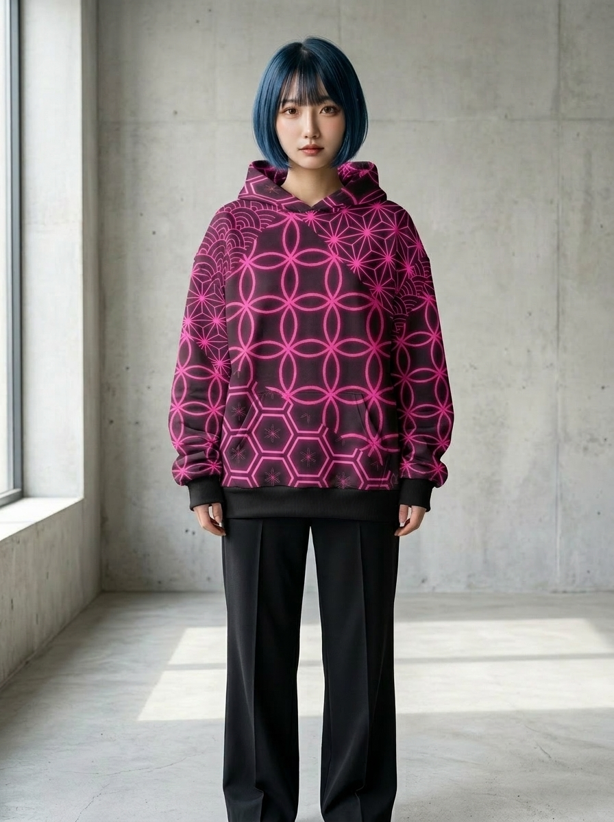 KUMIKO Grid - Japanese Geometric Pattern Hoodie 【Neon Sakura】