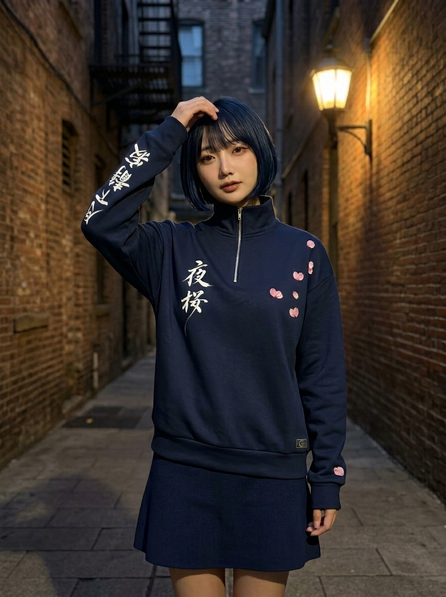Nightfall Sakura - Japanese Moonlit Landscape Quarter-Zip Sweatshirt