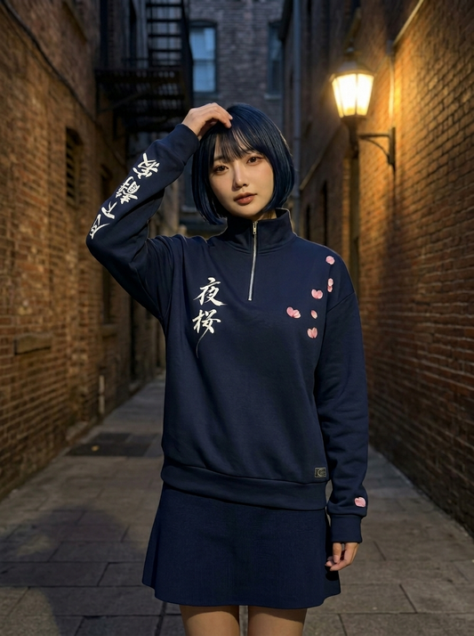 Nightfall Sakura - Japanese Moonlit Landscape Quarter-Zip Sweatshirt