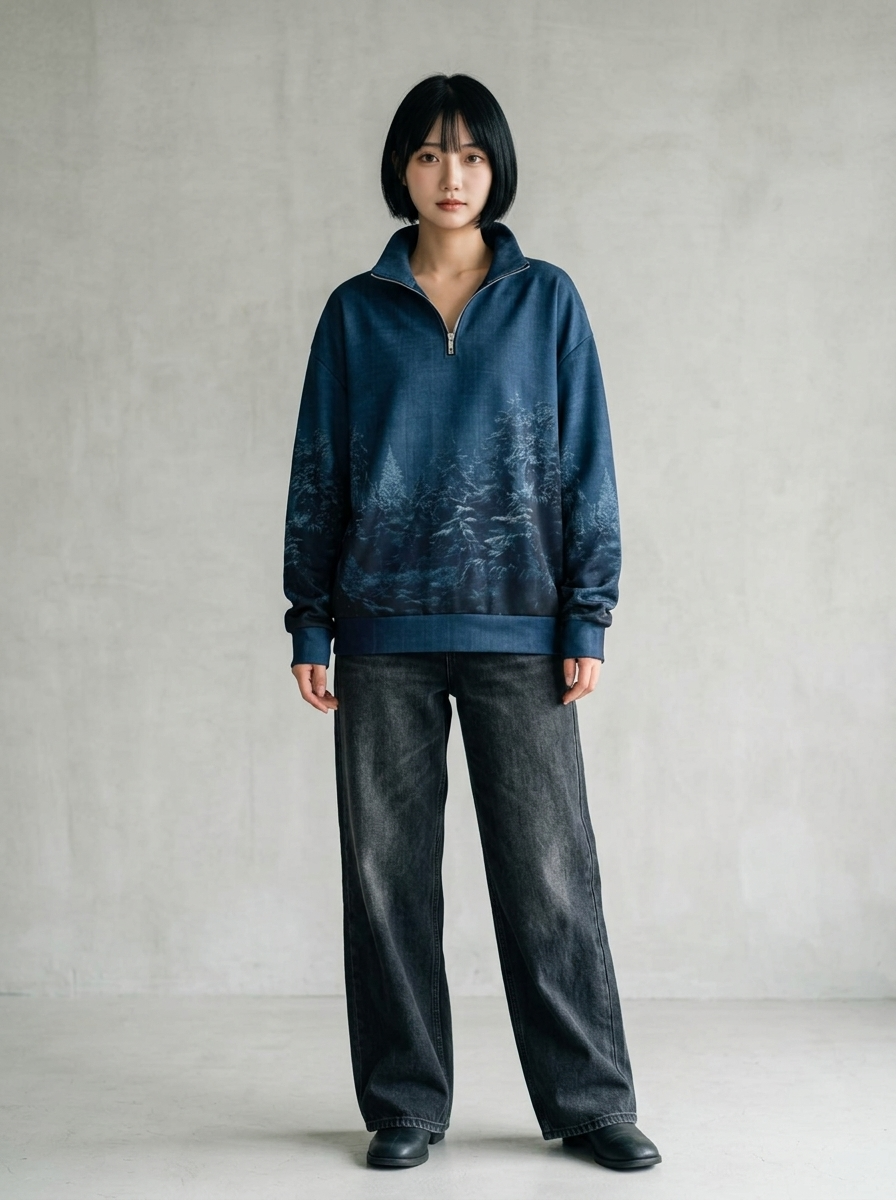 Indigo Night Fuji - Japanese Landscape Quarter-Zip Sweatshirt
